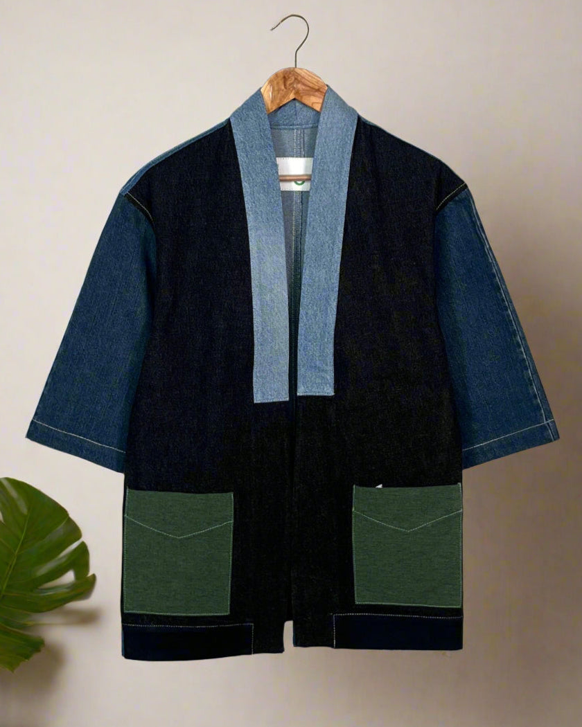 Unisex Patched Indigo Long Kimono Jacket Medium - Main Image