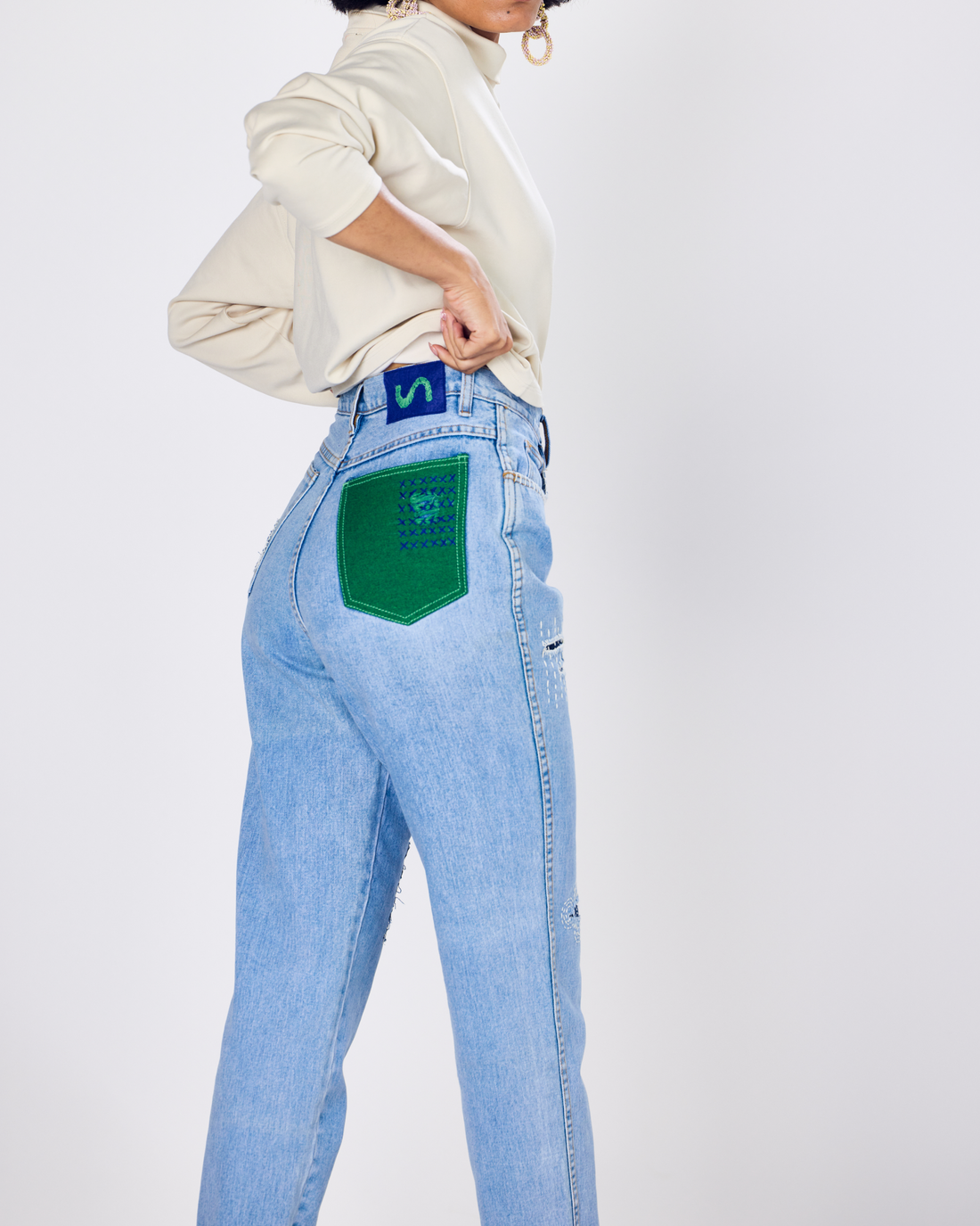 Sashiko Patchwork Mid Indigo Comfortable Women's Jeans