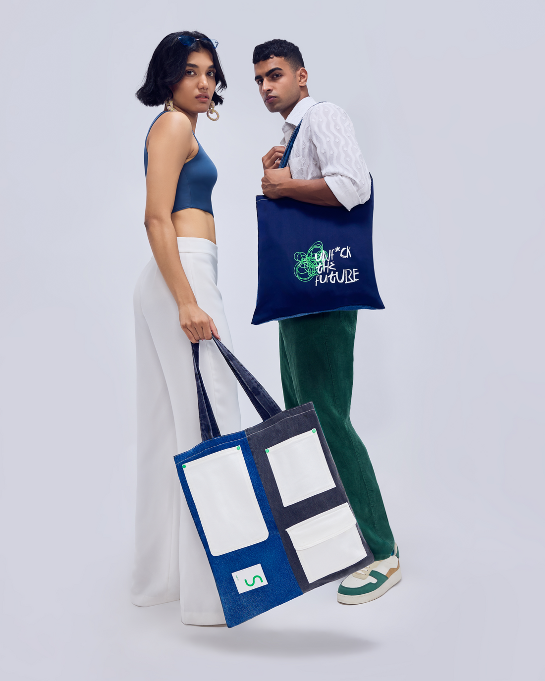 Multi-Pocket Reversible Denim Tote Bag