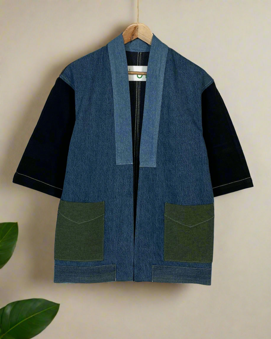 Unisex Patched Indigo Long Kimono Jacket