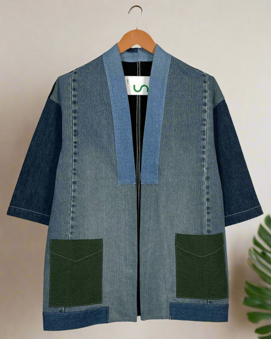 Unisex Patched Indigo Long Kimono Jacket