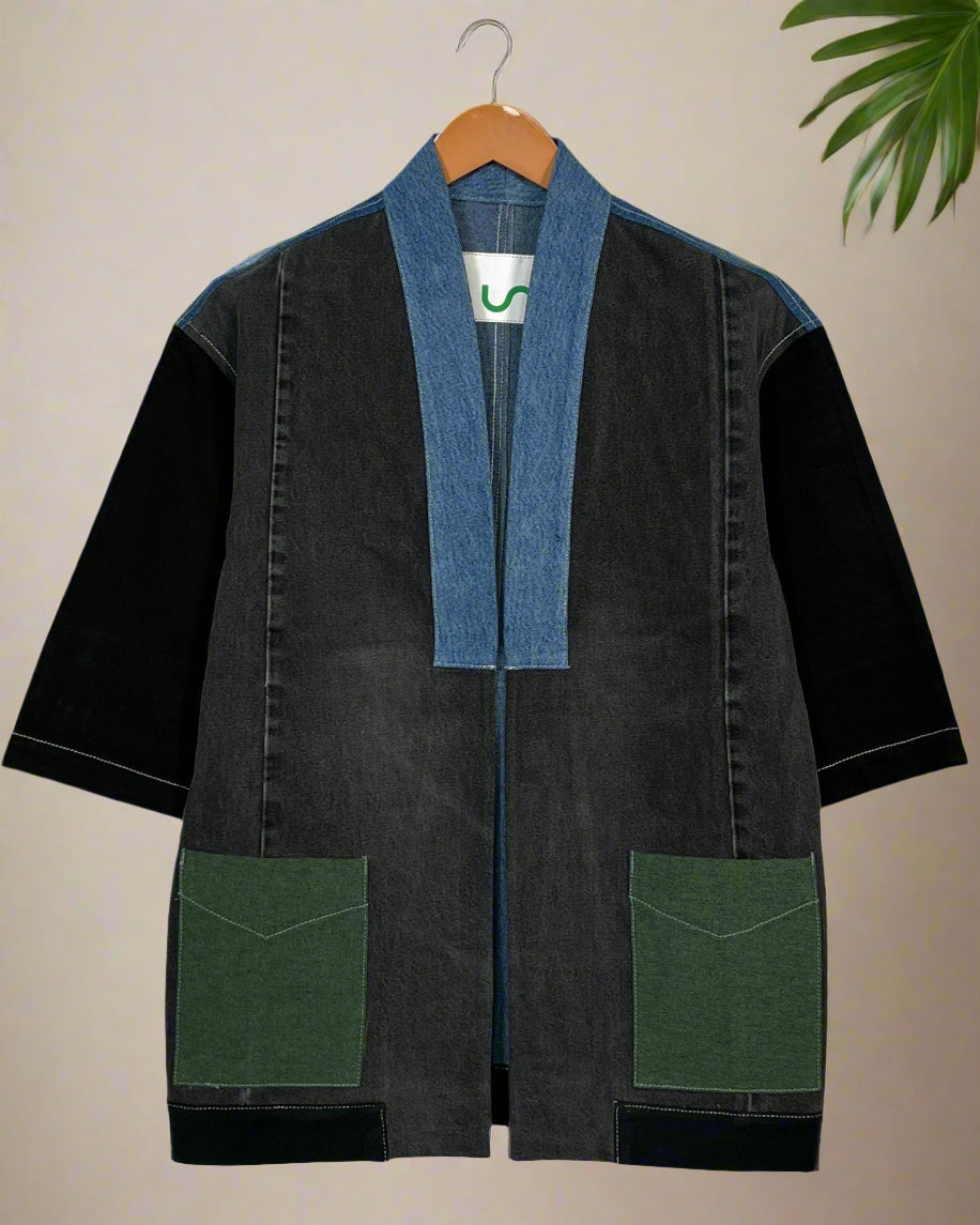Unisex Patched Indigo Long Kimono Jacket