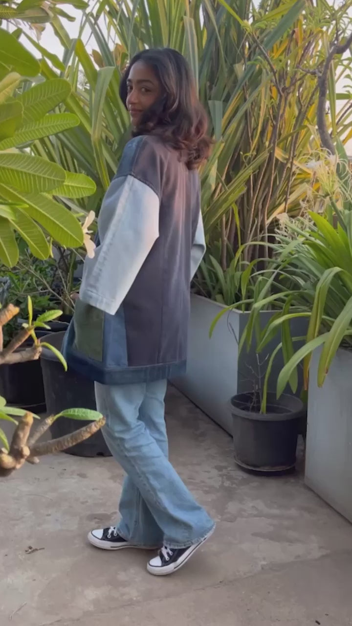 Unisex Patched Indigo Long Kimono Jacket image 3